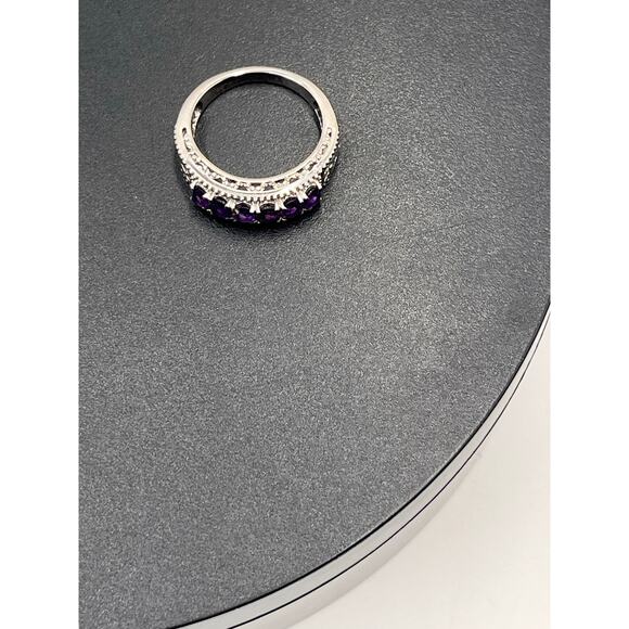 Amethyst Faceted Oval Sterling Stainless Steel Open Heart Flank Ring Sz 7.5 - Picture 8 of 8